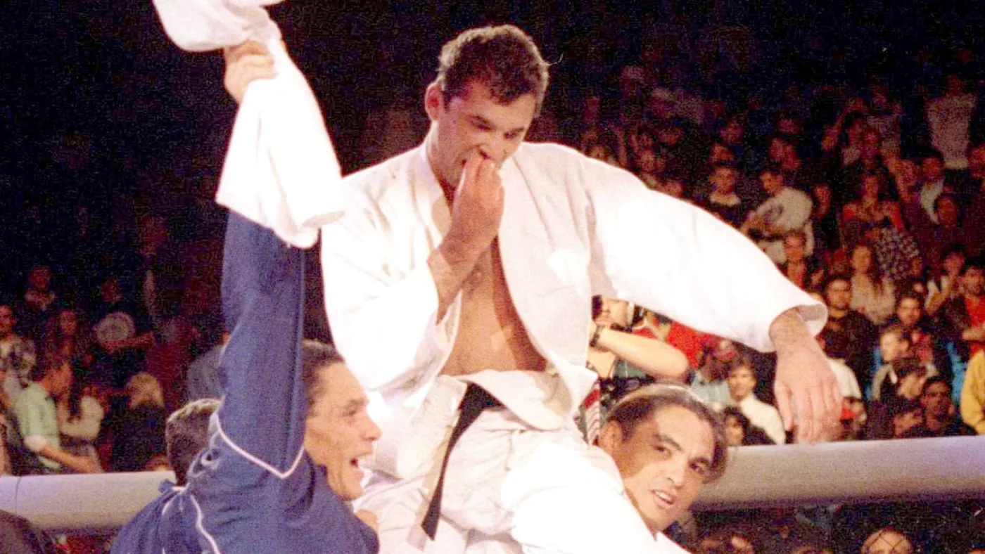 Royce Gracie celebrating his victory at UFC 1 in 1993